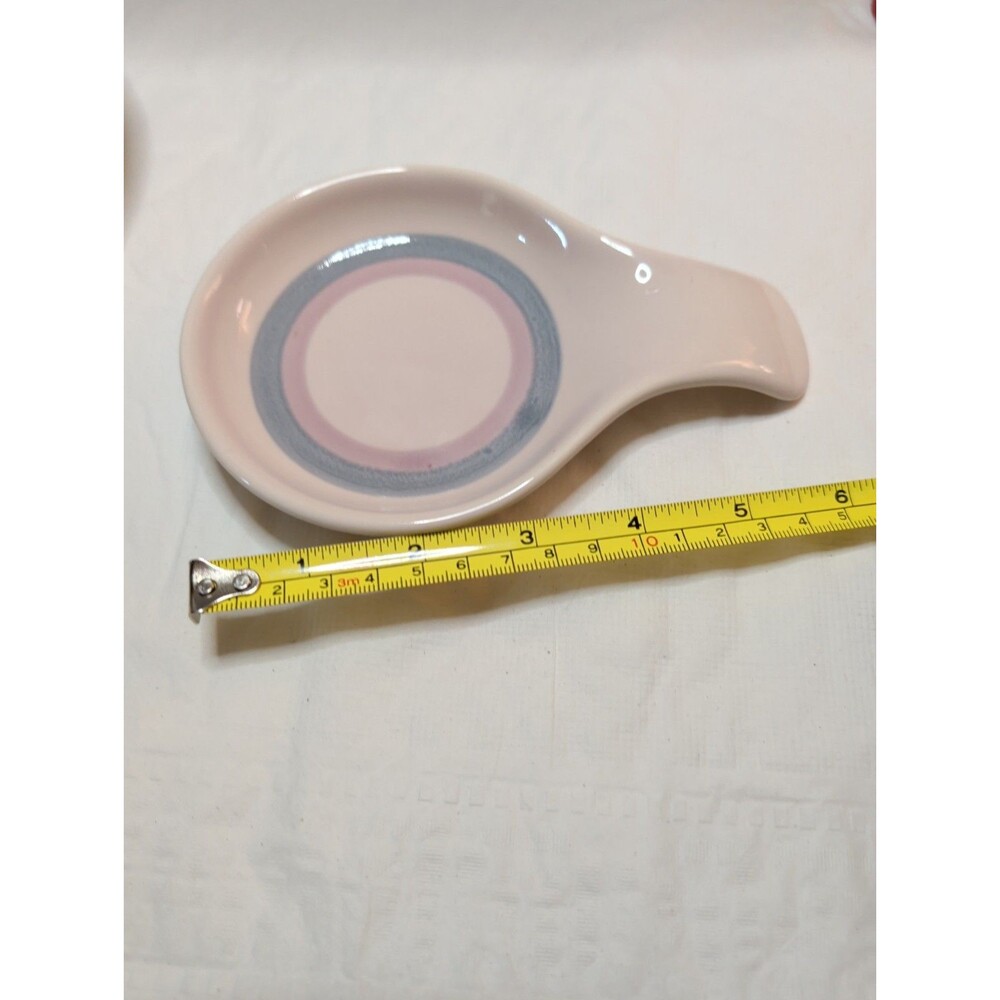 Vintage Pfaltzgraff Aura Pink Spoon Rest Blue Bands Stoneware Made In USA